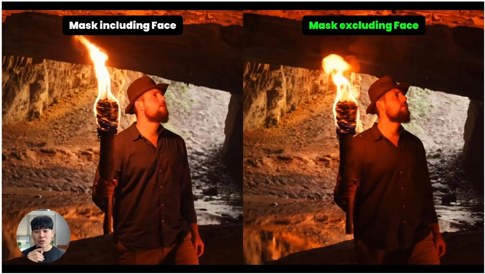 Mask detail excluding the actor's face so fire can extend into the correct area
