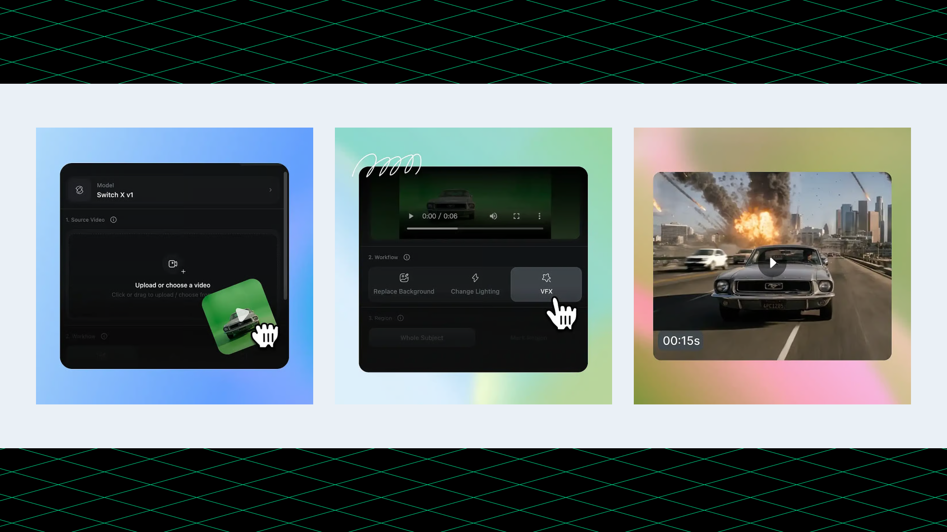 OpenArt VFX in three steps: upload your video, pick your mode, then generate and compare
