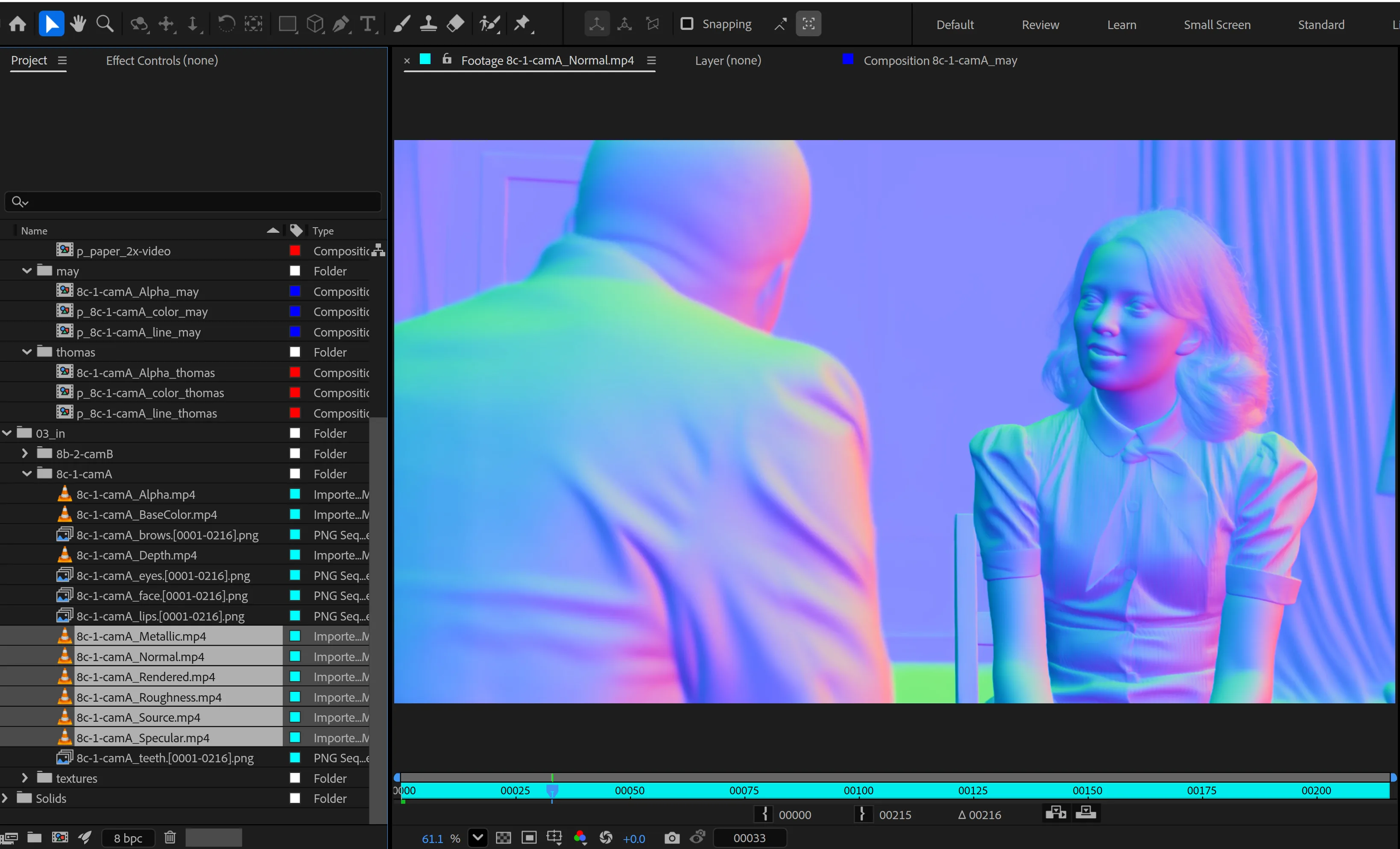Beeble PBR passes (albedo and normal maps) loaded into an After Effects compositing timeline.